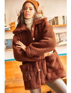 Olalook Women's Bitter Brown Buttons Unlined Oversized Plush Jacket with Pocket