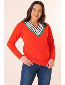 By Saygı Striped V-Neck Plus Size Knitwear Sweater