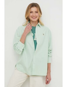Polo Ralph Lauren cămașă din bumbac femei, culoarea verde, cu guler clasic, relaxed 211931064