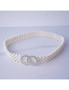 FashionForYou Curea elastica Pearly, catarama metalica decorativa si perle, Infinity Alb