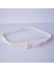 FashionForYou Curea elastica Pearly, catarama metalica decorativa si perle, Rhomb Argintiu