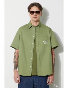 Drôle de Monsieur cămașă La Chemise Slogan bărbați, culoarea verde, cu guler clasic, relaxed, D-SH128-PL004-LKK