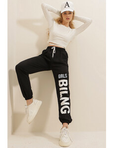 Trend Alaçatı Stili Women's Black Two Yarn Sweatpants with Elastic Waist and Legs, Text and Print