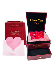 FashionForYou Cutie pentru accesorii "Love Wishes" cu sertar, 9 trandafiri de sapun, felicitare si punga de cadou, Bordo