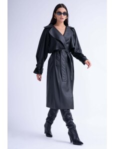 BLUZAT Black Leather Raglan Sleeve Trench Coat With Belt