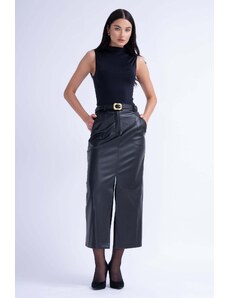 BLUZAT Black Leather Straight-Cut Skirt With Slit