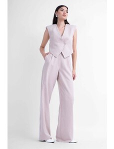 BLUZAT Beige pinstriped suit with asymmetrical vest and wide leg trousers
