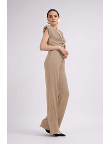 Bluzat Beige Set With Top With Knot And Wide Leg Trousers