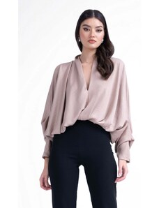 BLUZAT Beige blouse with draped sleeves and V-neck