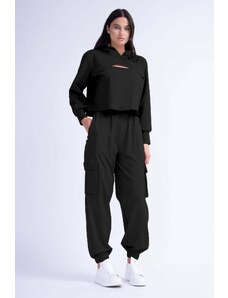 BLUZAT Black Matching Set With Cut-Out Hoodie And Cargo Pants