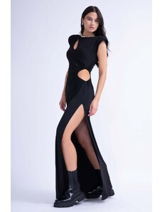 BLUZAT Black Maxi Dress With Asymmetrical Cut-Outs And Oversized Shoulders