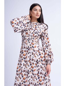 BLUZAT Animal Print Midi Dress With Shoulder Pads Detail And Pleats