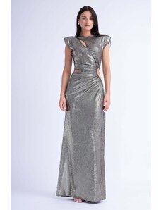 BLUZAT Black Metallic Maxi Dress With Asymmetrical Cut-Outs And Oversized Shoulders