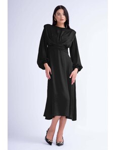BLUZAT Black Midi Dress With Shoulder Pads Detail And Pleats
