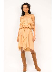 BLUZAT Calf length spaghetti strap dress with ruffles and front buttons