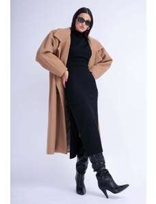 BLUZAT Camel Structured Wool Coat With Oversized Lapels