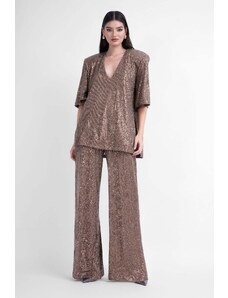 BLUZAT Brown sequin matching set with blouse and wide leg trousers