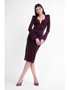 BLUZAT Burgundy bodycon midi dress with v-neck detail and structured shoulders