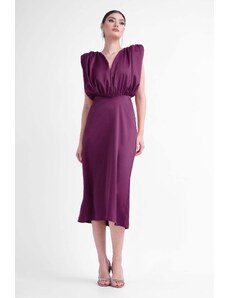 BLUZAT Burgundy midi dress with v-shaped draped bodice