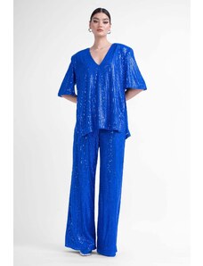 BLUZAT Electric blue sequin matching set with blouse and wide leg trousers