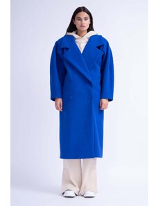 BLUZAT Electric Blue Structured Wool Coat With Oversized Lapel