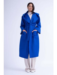 BLUZAT Electric Blue Hooded Coat with Waist Belt