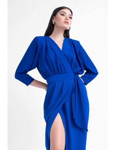 BLUZAT Electric blue midi dress with draping detailing and waist belt