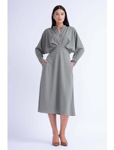 BLUZAT Khaki Midi Dress With Draping and Buttons