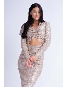 BLUZAT Gold Sequin Midi Dress With Cut-Out And Gathered Detailing