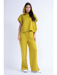 BLUZAT Lime Matching Set With Vest Hoodie And Wide Leg Trousers