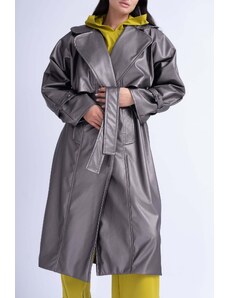 BLUZAT Metallic Leather Raglan Sleeve Trench Coat With Belt