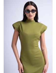 BLUZAT Khaki Midi Dress With Oversized Shoulders And Side Slit