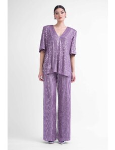 BLUZAT Lilac sequin matching set with blouse and wide leg trousers