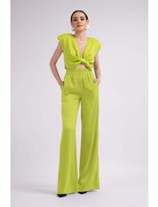 Bluzat Neon Green Set with Top With Knot And Wide Leg Trousers
