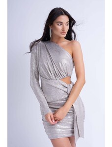 BLUZAT Silver Asymmetrical Mini Dress With Scarf