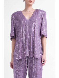 BLUZAT Oversized lilac sequined blouse with side slits