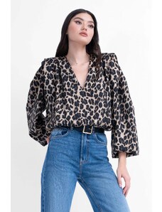 BLUZAT Printed blouse with draping detailing and puffy sleeves