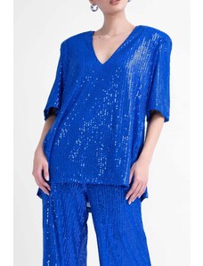 BLUZAT Oversized electric blue sequined blouse with side slit