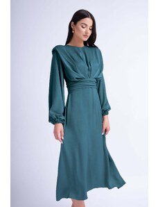 BLUZAT Turquoise Midi Dress With Shoulder Pads Detail And Pleats