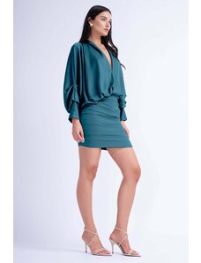 BLUZAT Turquoise Mini Dress With Draping Detailing And Wide Sleeves