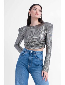 BLUZAT Silver Crop Top with structured shoulders and gathered detailing