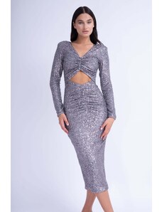 BLUZAT Silver Sequin Midi Dress With Cut-Out And Gathered Detailing