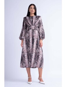 BLUZAT Snake Print Midi Dress With Shoulder Pads Detail And Pleats