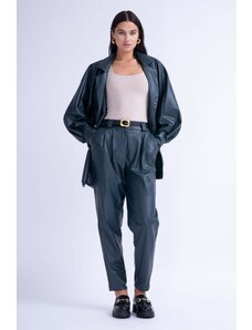 BLUZAT Olive Leather Suit With Oversized Blazer And High-Waist Slim Fit Trousers