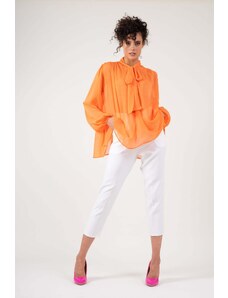 Bluzat Orange chiffon blouse with draped shoulders & bow ribbon