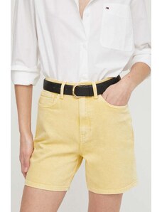 Tommy Hilfiger pantaloni scurți jeans femei, culoarea galben, uni, high waist WW0WW41322