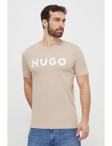 HUGO tricou din bumbac bărbați, culoarea bej, cu imprimeu 50467556