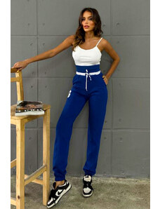 FashionForYou Pantaloni sport Frank, cu snur stilizat, logo si talie elastica oversize, Albastru (Marime: S)