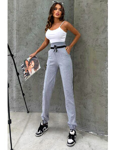 FashionForYou Pantaloni sport Frank, cu snur stilizat, logo si talie elastica oversize, Gri (Marime: S)