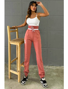 FashionForYou Pantaloni sport Frank, cu snur stilizat, logo si talie elastica oversize, Roz prafuit (Marime: S)